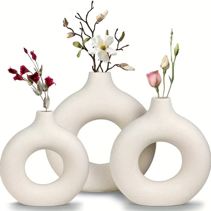 3pcs, Modern Boho Donut Ceramic Vase Set for Home and Office Decor - Round Tabletop Decoration for Living Room, Bedroom, and Garden - Stylish Desktop Ornament for a Chic Look