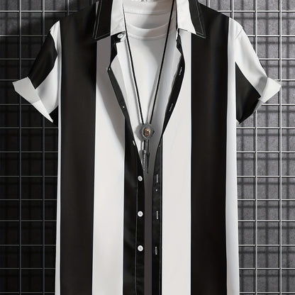 Mens Summer Short Sleeve Striped Shirting Shirt - Square Neck, Button Front, Regular Fit, Non-Stretch Polyester Fabric, Hand Wash or Dry Clean, Perfect for Weekend Casual Street Style
