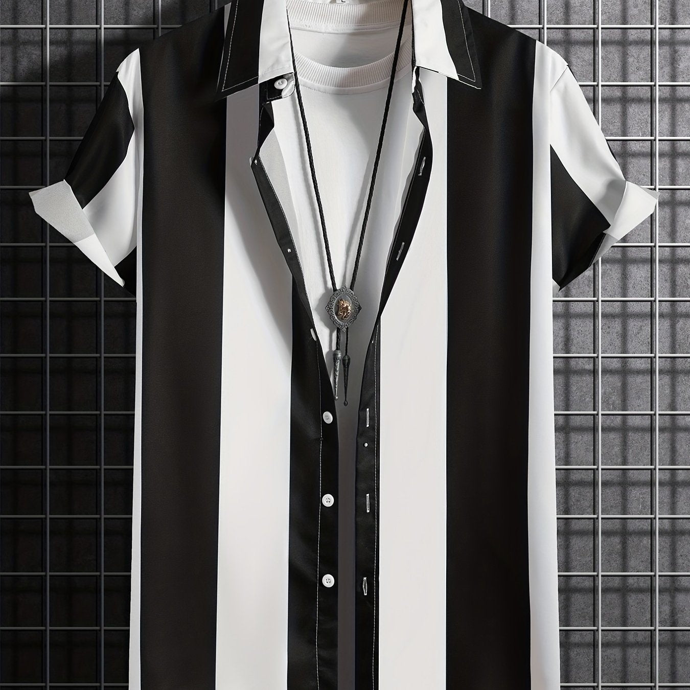 Mens Summer Short Sleeve Striped Shirting Shirt - Square Neck, Button Front, Regular Fit, Non-Stretch Polyester Fabric, Hand Wash or Dry Clean, Perfect for Weekend Casual Street Style