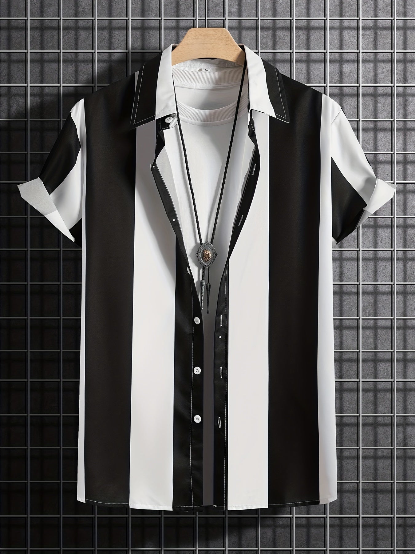 Mens Summer Short Sleeve Striped Shirting Shirt - Square Neck, Button Front, Regular Fit, Non-Stretch Polyester Fabric, Hand Wash or Dry Clean, Perfect for Weekend Casual Street Style