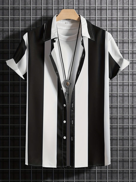 Mens Summer Short Sleeve Striped Shirting Shirt - Square Neck, Button Front, Regular Fit, Non-Stretch Polyester Fabric, Hand Wash or Dry Clean, Perfect for Weekend Casual Street Style