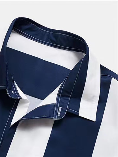 Mens Summer Short Sleeve Striped Shirting Shirt - Square Neck, Button Front, Regular Fit, Non-Stretch Polyester Fabric, Hand Wash or Dry Clean, Perfect for Weekend Casual Street Style