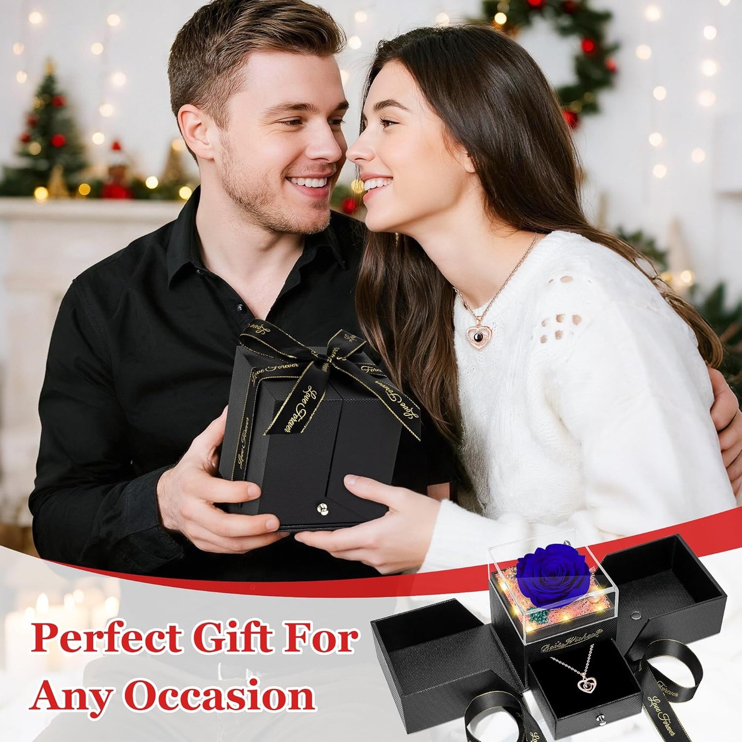 Light up Preserved Blue Rose Flower with Necklace,Birthday Gifts for Women,Christmas Rose Gifts for Her Mom Wife Grandma,Real Flower Mom Present for Women Christmas,Anniversary,Valentines