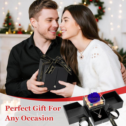 Light up Preserved Blue Rose Flower with Necklace,Birthday Gifts for Women,Christmas Rose Gifts for Her Mom Wife Grandma,Real Flower Mom Present for Women Christmas,Anniversary,Valentines