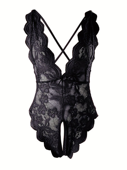 Semi-Sheer Lace Backless Teddy Bodysuit for Women - Seductive Sleepwear with Plunging Neckline, Open Crotch, and Knit Fabric - Perfect for a Romantic Night In