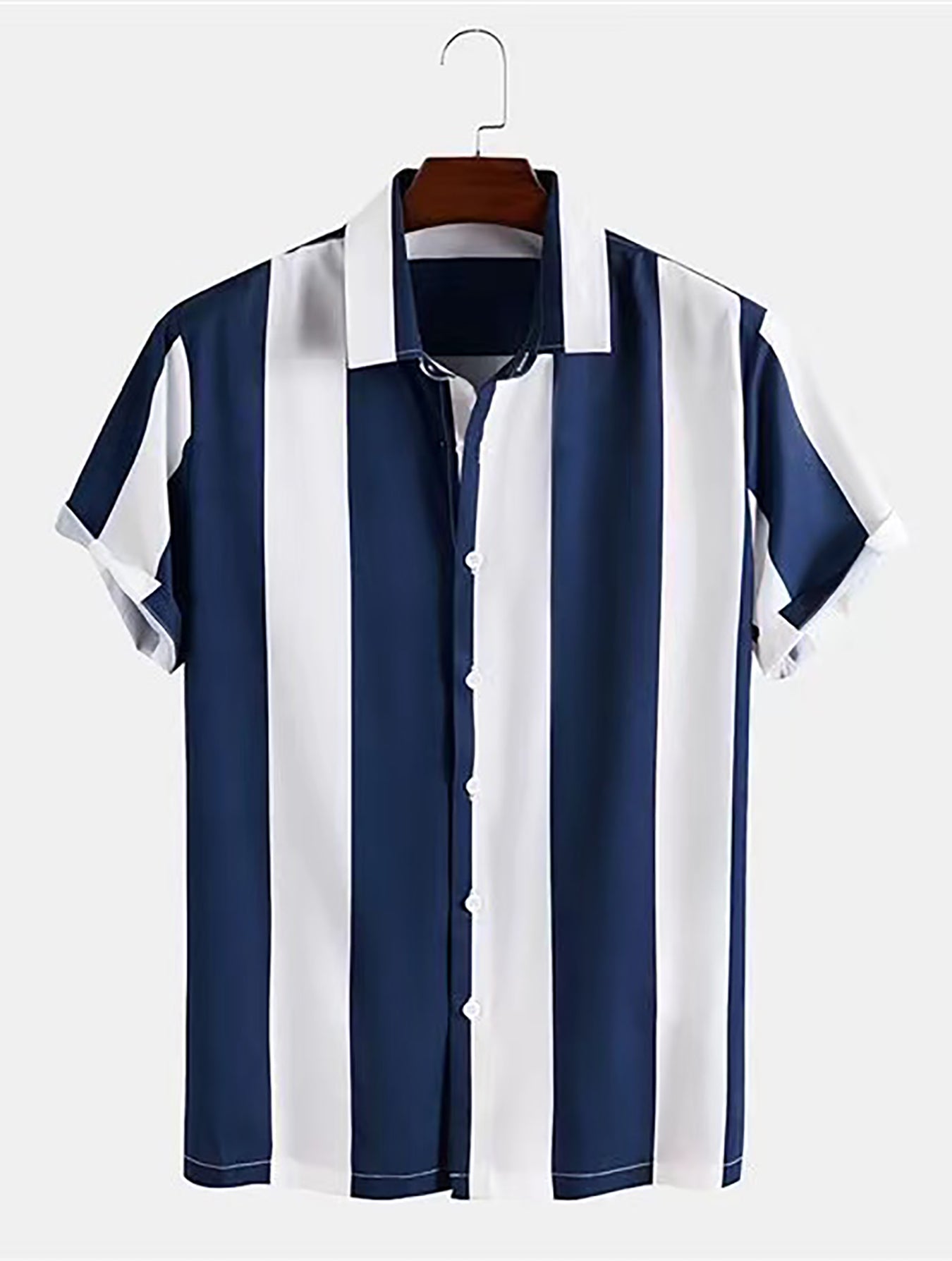 Mens Summer Short Sleeve Striped Shirting Shirt - Square Neck, Button Front, Regular Fit, Non-Stretch Polyester Fabric, Hand Wash or Dry Clean, Perfect for Weekend Casual Street Style