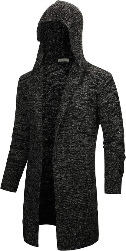 Men'S Long Cardigan Sweater Hooded Knit Slim Fit Open Front Longline Cardigans with Pockets