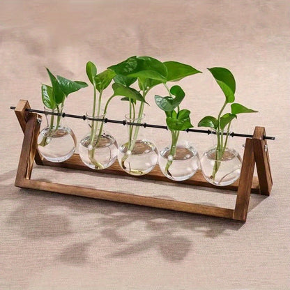 1pc, 5 Bulb Vase Plant Glass Container, With Wooden Frame, Indoor Living Hydroponic Plant Office Garden Planter