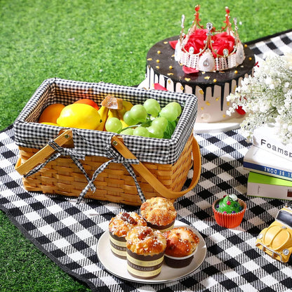 Wicker Picnic Basket Natural Hand Woven Basket with Double Folding Handles, Willow Hamper Baskets with Blanket for Outdoor Picnic Summer Spring Camp Family(Black and White Grid)