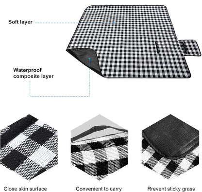 Wicker Picnic Basket Natural Hand Woven Basket with Double Folding Handles, Willow Hamper Baskets with Blanket for Outdoor Picnic Summer Spring Camp Family(Black and White Grid)