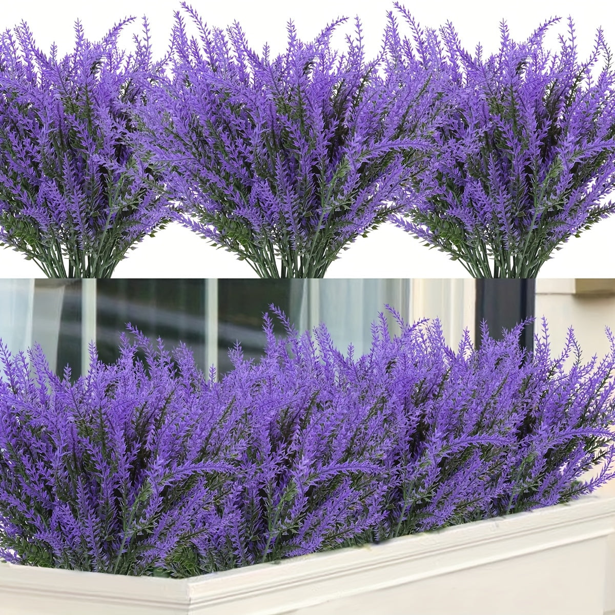 4 Bundles of UV-Resistant Artificial Lavender Flowers - Perfect for Garden, Porch, and Window Box Decorations!