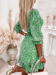 Women's Dresses Puff Sleeve Floral Print Ruched Waist V-Neck Boho Dresses