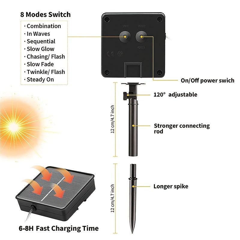 8-Mode Solar Powered Copper Wire Fairy Flower Wreath Lamp - Outdoor Garden Decorative Lighting for Christmas Wedding Party Tree Terraces - Durable Weather-Resistant Construction with Energy-Efficient LEDs