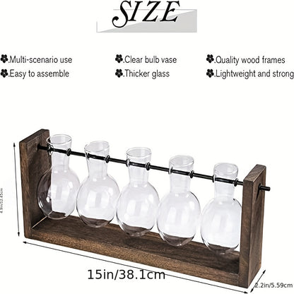 1pc, 5 Bulb Vase Plant Glass Container, With Wooden Frame, Indoor Living Hydroponic Plant Office Garden Planter