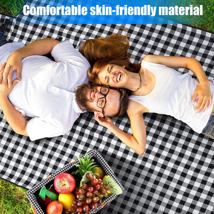 Wicker Picnic Basket Natural Hand Woven Basket with Double Folding Handles, Willow Hamper Baskets with Blanket for Outdoor Picnic Summer Spring Camp Family(Black and White Grid)