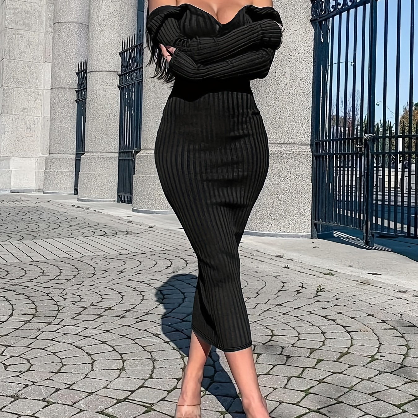 Off Shoulder Bodycon Dress, Elegant Backless Long Sleeve Dress, Women's Clothing