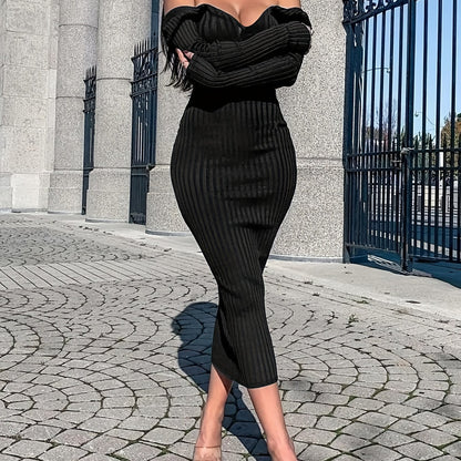 Off Shoulder Bodycon Dress, Elegant Backless Long Sleeve Dress, Women's Clothing