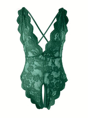 Semi-Sheer Lace Backless Teddy Bodysuit for Women - Seductive Sleepwear with Plunging Neckline, Open Crotch, and Knit Fabric - Perfect for a Romantic Night In