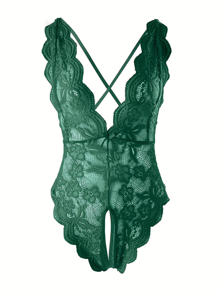 Semi-Sheer Lace Backless Teddy Bodysuit for Women - Seductive Sleepwear with Plunging Neckline, Open Crotch, and Knit Fabric - Perfect for a Romantic Night In