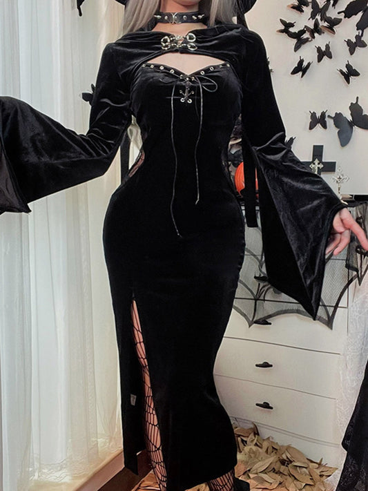 Women's Dresses Halloween Solid Drawstring Party Hooded Trumpet Sleeve Dresses