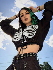 Gothic Drawstring Crop Hoodie, Long Sleeve Hoodies Sweatshirt, Women's Clothing