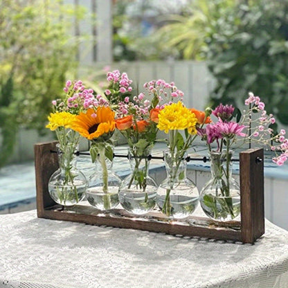 1pc, 5 Bulb Vase Plant Glass Container, With Wooden Frame, Indoor Living Hydroponic Plant Office Garden Planter