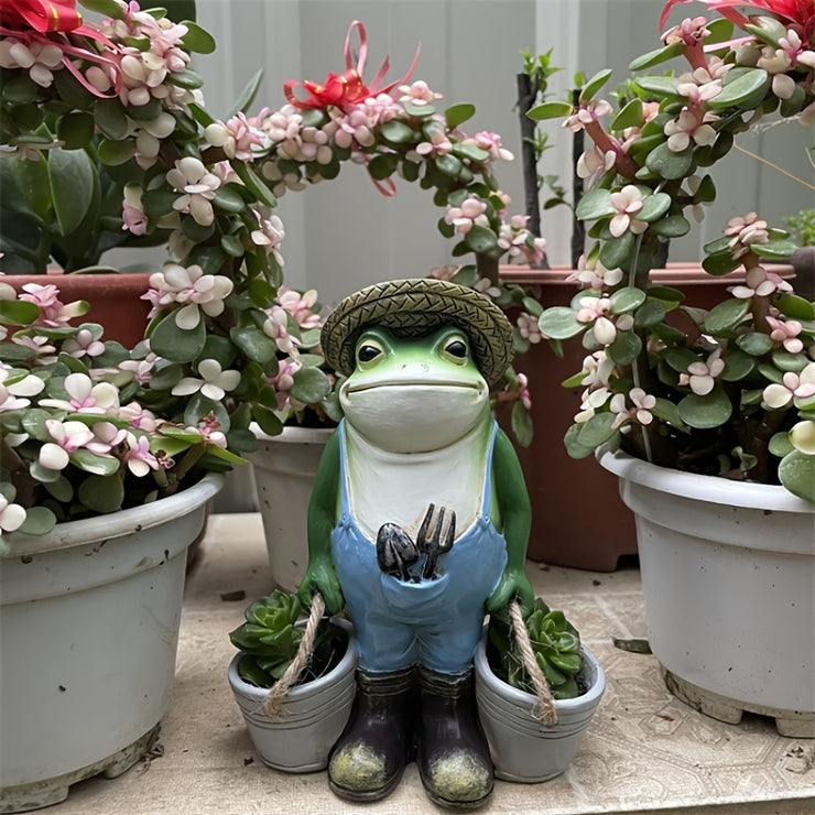 Whimsical Resin Frog Figurine in Blue Overalls with Straw Hat - Contemporary Garden Decor for Independence Day, Desktop-Style Animal Sculpture, No Power Needed, Frog Garden Decor