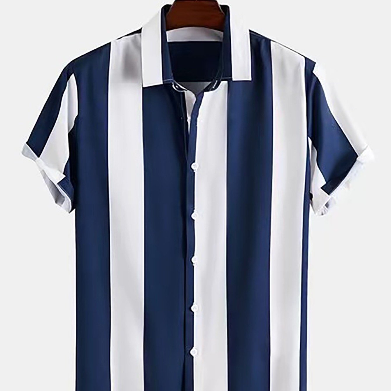 Mens Summer Short Sleeve Striped Shirting Shirt - Square Neck, Button Front, Regular Fit, Non-Stretch Polyester Fabric, Hand Wash or Dry Clean, Perfect for Weekend Casual Street Style