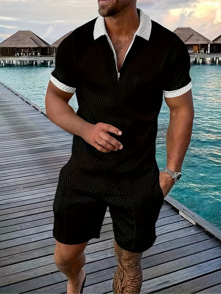 2Pcs Outfits For Men, Casual Short Sleeve Lapel Shirt And Drawstring Shorts Set For Summer, Men's Clothing For Vacation Workout