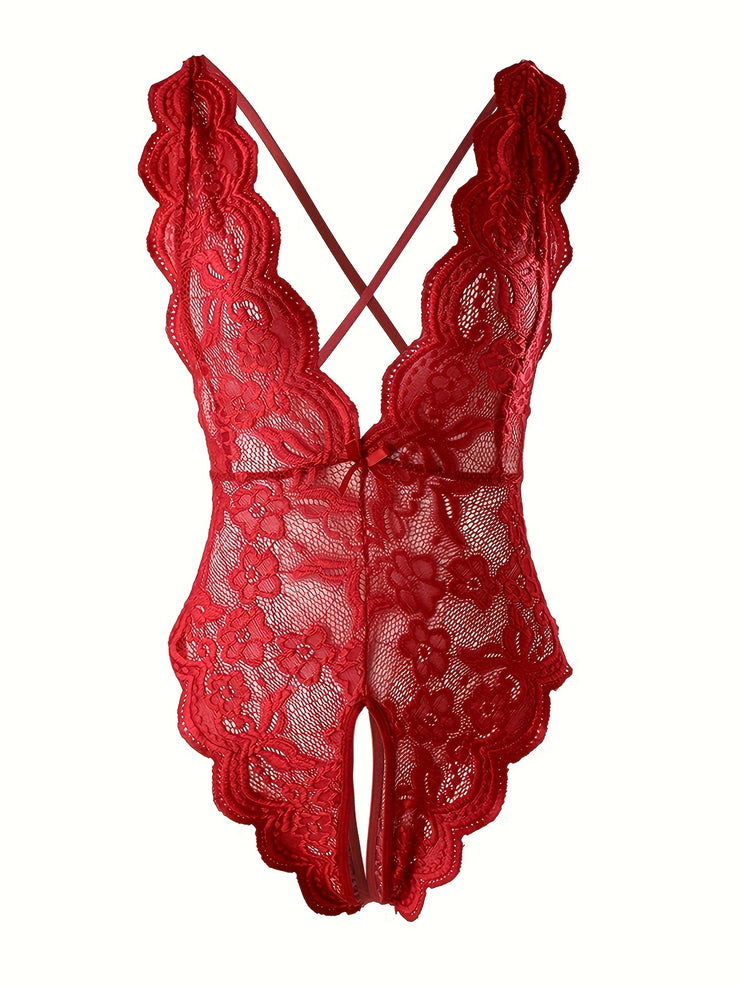 Semi-Sheer Lace Backless Teddy Bodysuit for Women - Seductive Sleepwear with Plunging Neckline, Open Crotch, and Knit Fabric - Perfect for a Romantic Night In