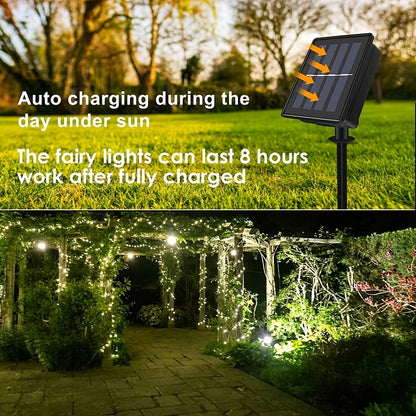 8-Mode Solar Powered Copper Wire Fairy Flower Wreath Lamp - Outdoor Garden Decorative Lighting for Christmas Wedding Party Tree Terraces - Durable Weather-Resistant Construction with Energy-Efficient LEDs