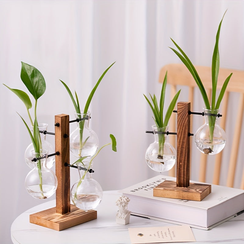 1/2/4pcs Hydroponic Glass Vase, Vintage Desktop Plant Terrarium Planter Bulb Vase, Water Planting Propagation Vase Planters Hydroponics Plants With Retro Wooden Stand Home Garden