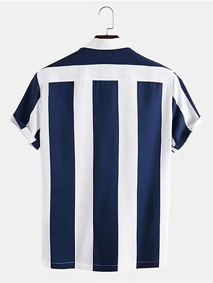 Mens Summer Short Sleeve Striped Shirting Shirt - Square Neck, Button Front, Regular Fit, Non-Stretch Polyester Fabric, Hand Wash or Dry Clean, Perfect for Weekend Casual Street Style
