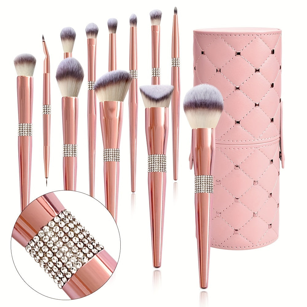 12/14pcs Luxe Makeup Brush Set with Glitter Handles - Includes Blush, Eyeshadow, Foundation Brushes & More - Nylon Bristles for All Skin Types - Fragrance-Free
