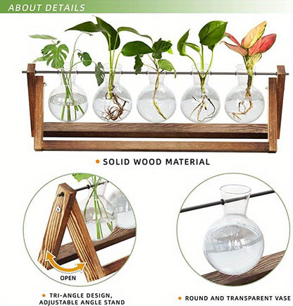 1pc, 5 Bulb Vase Plant Glass Container, With Wooden Frame, Indoor Living Hydroponic Plant Office Garden Planter