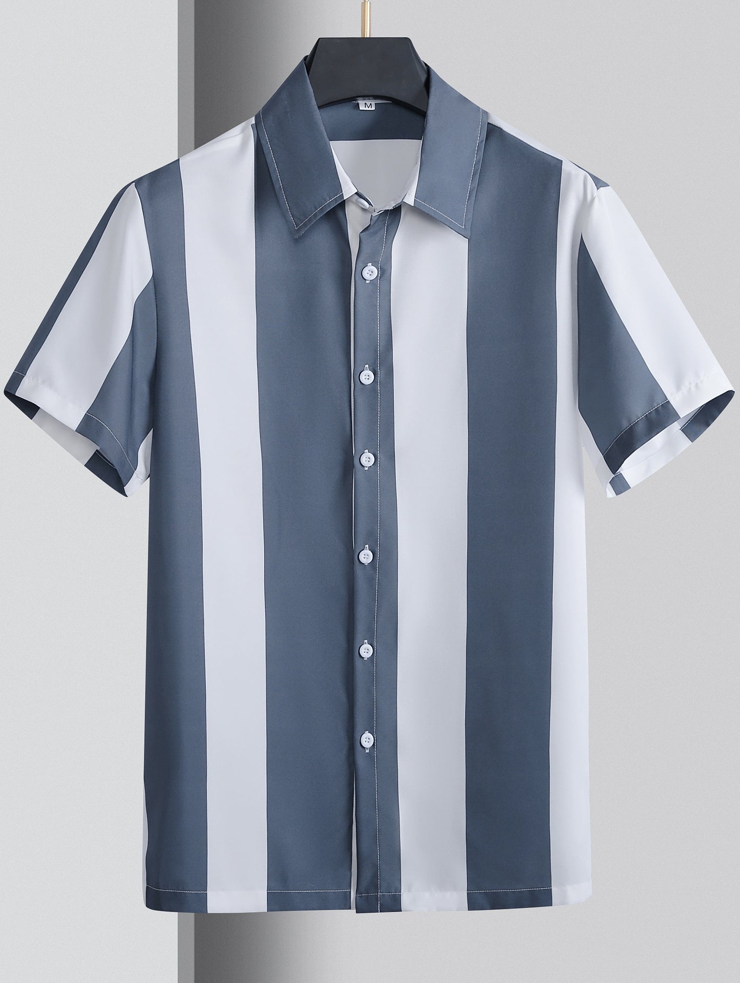 Mens Summer Short Sleeve Striped Shirting Shirt - Square Neck, Button Front, Regular Fit, Non-Stretch Polyester Fabric, Hand Wash or Dry Clean, Perfect for Weekend Casual Street Style