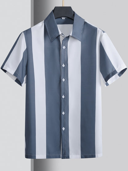 Mens Summer Short Sleeve Striped Shirting Shirt - Square Neck, Button Front, Regular Fit, Non-Stretch Polyester Fabric, Hand Wash or Dry Clean, Perfect for Weekend Casual Street Style