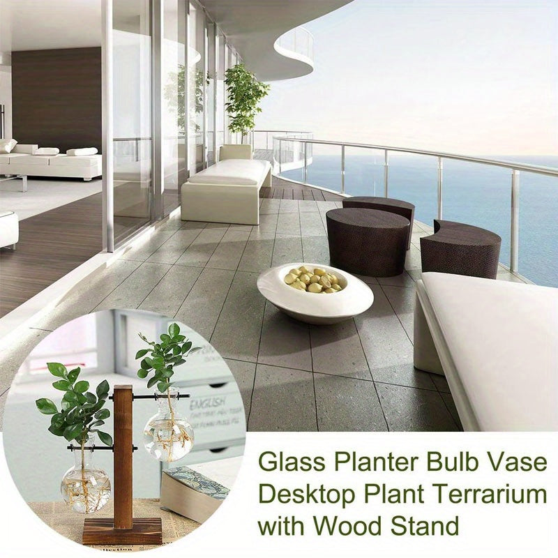 1/2/4pcs Hydroponic Glass Vase, Vintage Desktop Plant Terrarium Planter Bulb Vase, Water Planting Propagation Vase Planters Hydroponics Plants With Retro Wooden Stand Home Garden