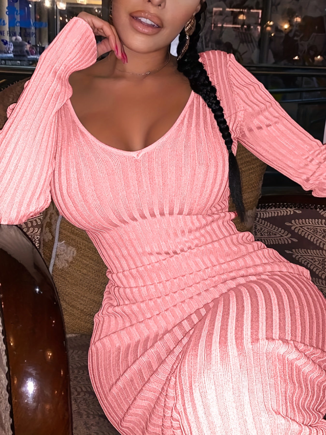 Off Shoulder Bodycon Dress, Elegant Backless Long Sleeve Dress, Women's Clothing