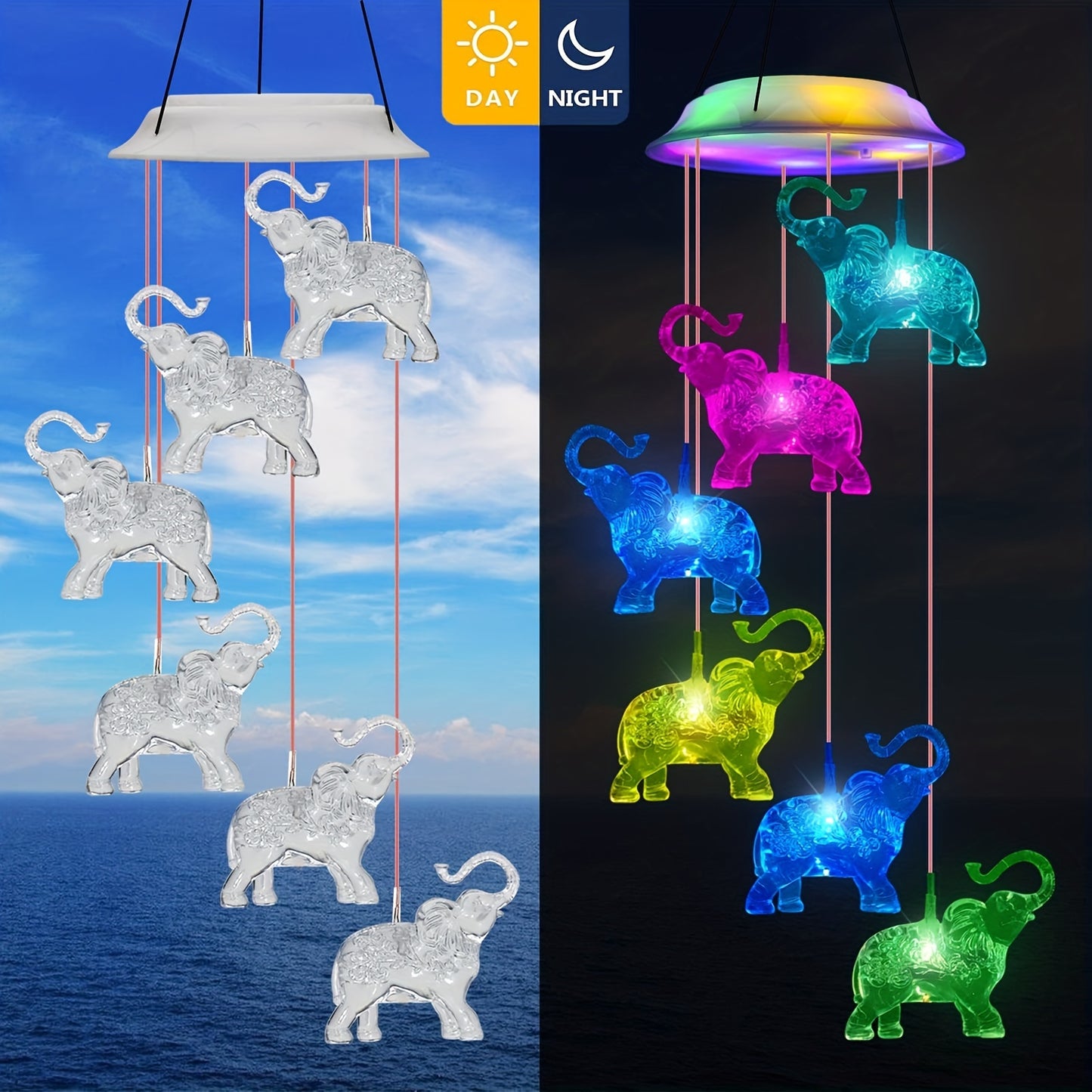Elephant Solar Wind Chimes with LED Lights - Durable ABS Outdoor Decor, 600mAh Rechargeable Battery for Long-Lasting Night Lighting, Perfect Housewarming Gift for Garden & Patio, Memorial, Yard Lawn Decor
