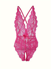Semi-Sheer Lace Backless Teddy Bodysuit for Women - Seductive Sleepwear with Plunging Neckline, Open Crotch, and Knit Fabric - Perfect for a Romantic Night In
