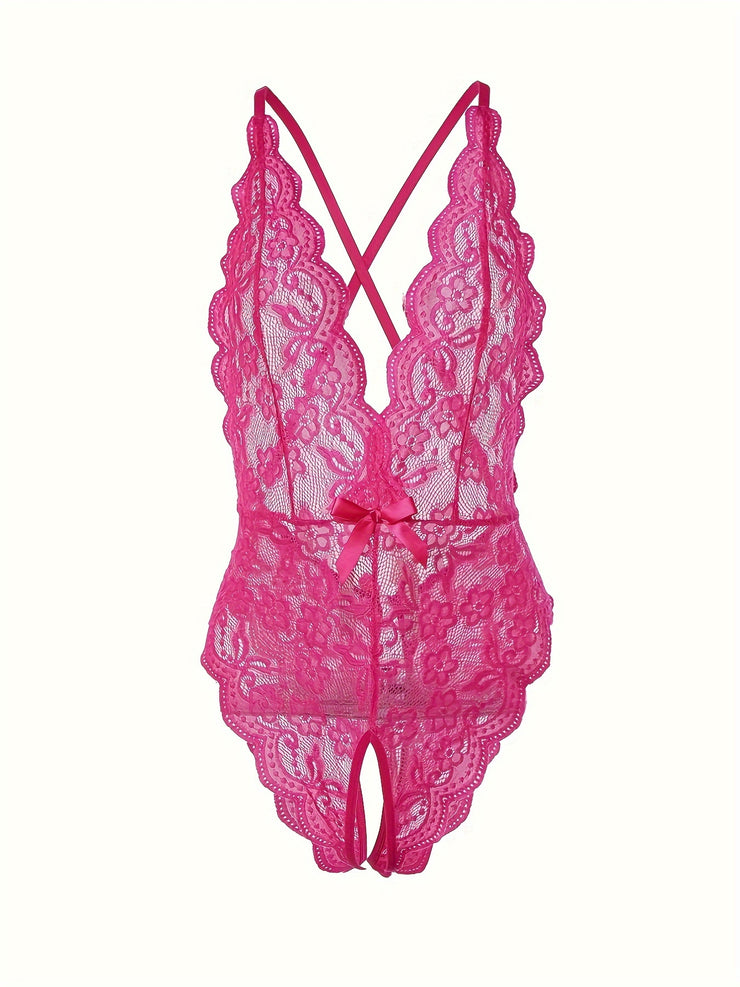 Semi-Sheer Lace Backless Teddy Bodysuit for Women - Seductive Sleepwear with Plunging Neckline, Open Crotch, and Knit Fabric - Perfect for a Romantic Night In