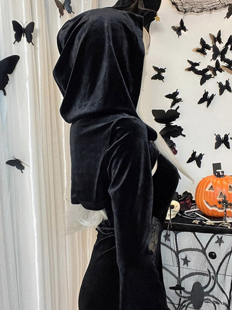 Women's Dresses Halloween Solid Drawstring Party Hooded Trumpet Sleeve Dresses