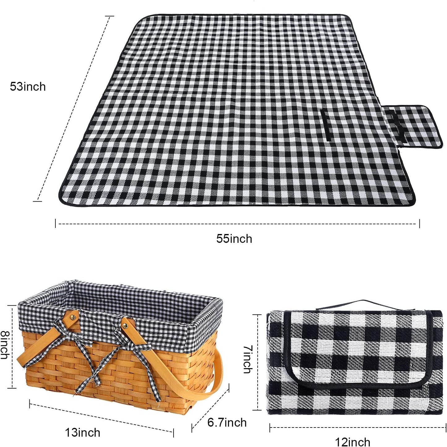 Wicker Picnic Basket Natural Hand Woven Basket with Double Folding Handles, Willow Hamper Baskets with Blanket for Outdoor Picnic Summer Spring Camp Family(Black and White Grid)