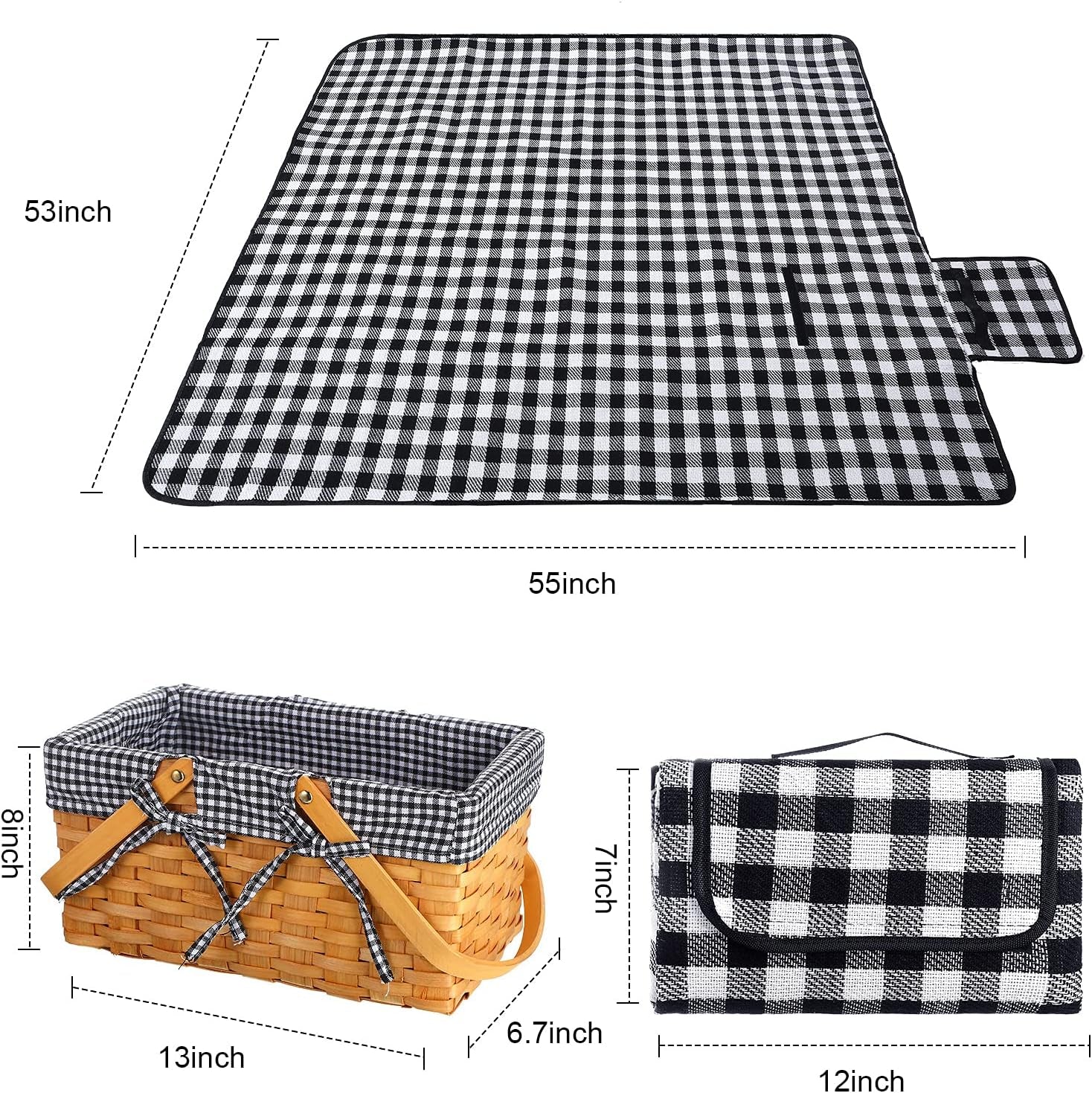 Wicker Picnic Basket Natural Hand Woven Basket with Double Folding Handles, Willow Hamper Baskets with Blanket for Outdoor Picnic Summer Spring Camp Family(Black and White Grid)