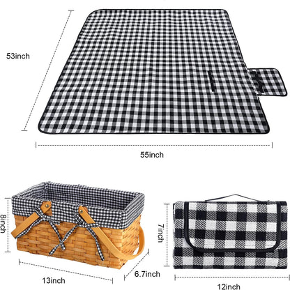 Wicker Picnic Basket Natural Hand Woven Basket with Double Folding Handles, Willow Hamper Baskets with Blanket for Outdoor Picnic Summer Spring Camp Family(Black and White Grid)