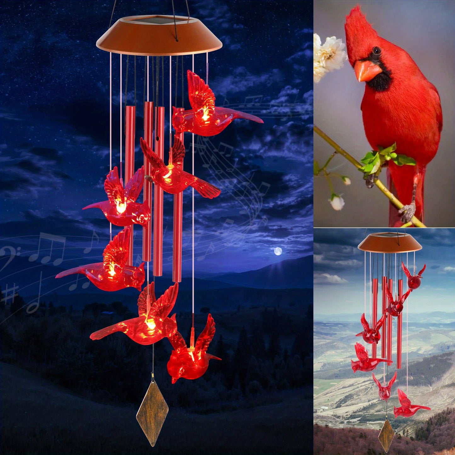 1pc Cardinal Bird Solar Windchimes Outdoor, Garden Christmas Lights, Father Gift, Mother Gift, Mothers Day For Grandma, Sister Gifts, Gardening Gifts For Women, Friend Birthday Gift