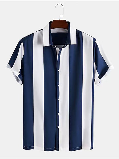 Mens Summer Short Sleeve Striped Shirting Shirt - Square Neck, Button Front, Regular Fit, Non-Stretch Polyester Fabric, Hand Wash or Dry Clean, Perfect for Weekend Casual Street Style