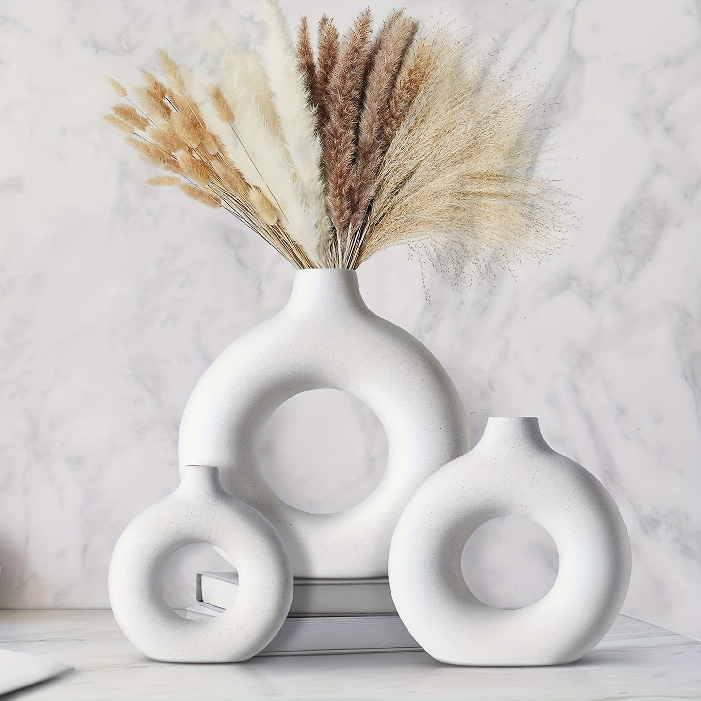 3pcs, Modern Boho Donut Ceramic Vase Set for Home and Office Decor - Round Tabletop Decoration for Living Room, Bedroom, and Garden - Stylish Desktop Ornament for a Chic Look