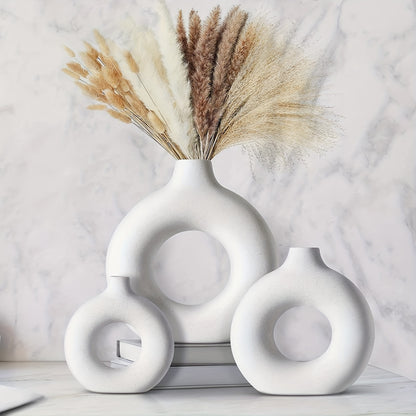 3pcs, Modern Boho Donut Ceramic Vase Set for Home and Office Decor - Round Tabletop Decoration for Living Room, Bedroom, and Garden - Stylish Desktop Ornament for a Chic Look
